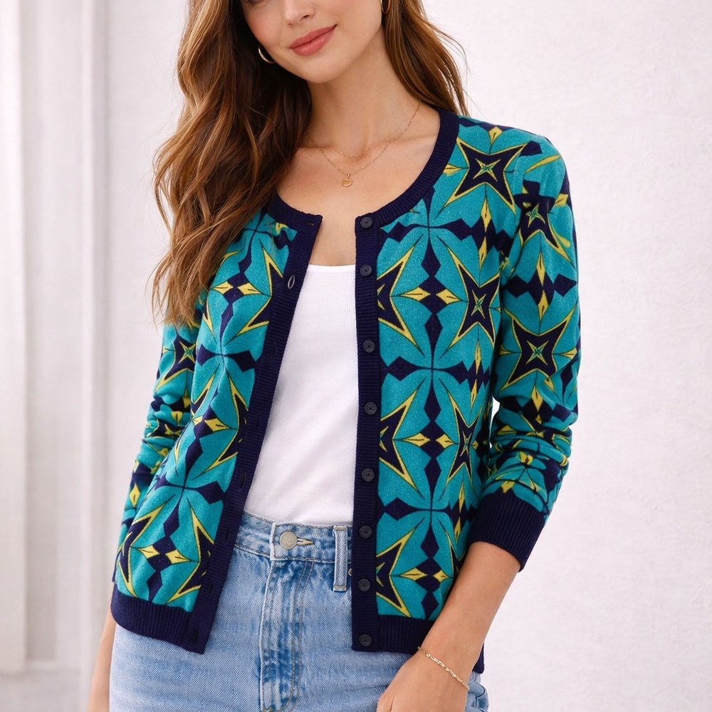 Anthropology Tabitha Teal & Navy Star Geometric Cardigan